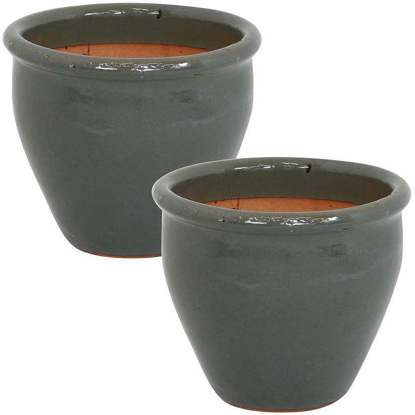 Sunnydaze Chalet High-Fired Glazed UV- and Frost-Resistant Ceramic Flower Pot Planter with Drainage Holes - 9" Diameter - Gray - 2-Pack Image