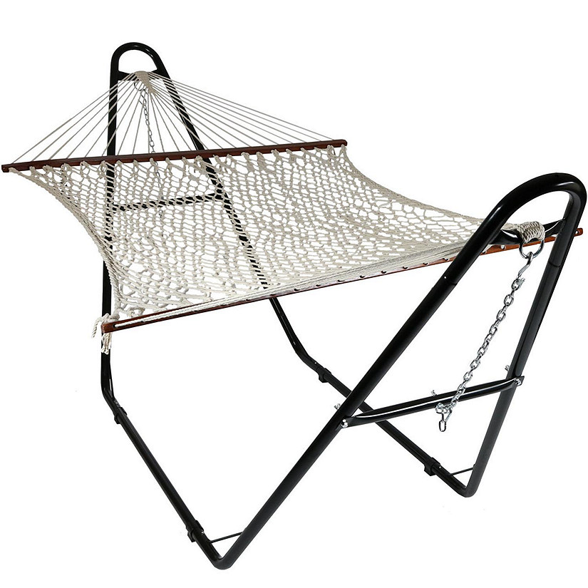 Sunnydaze Cotton Double Wide 2-Person Rope Hammock with Spreader Bars and Multi-Use Steel Stand - 450 lb Weight Capacity - White Image