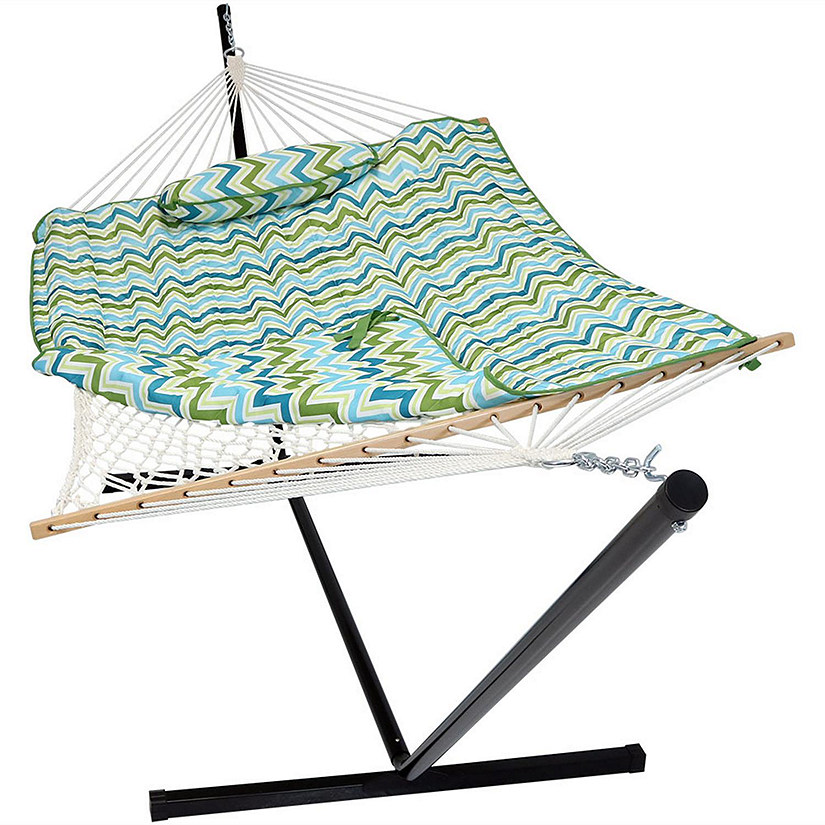 Sunnydaze Cotton Rope Freestanding Hammock with Portable Steel Stand and Spreader Bar with Pad and Pillow - 12' Stand - Blue and Green Chevron Image
