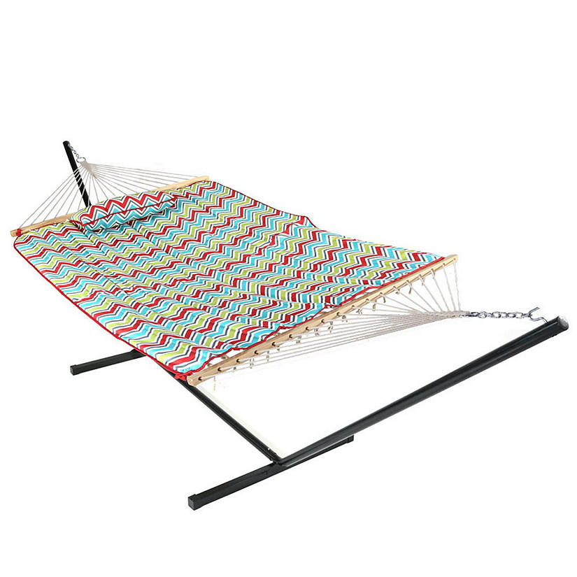 Sunnydaze Cotton Rope Freestanding Hammock with Spreader Bar with Portable Steel Stand and Pad and Pillow Set - 12' Stand - Multi-Color Chevron Image