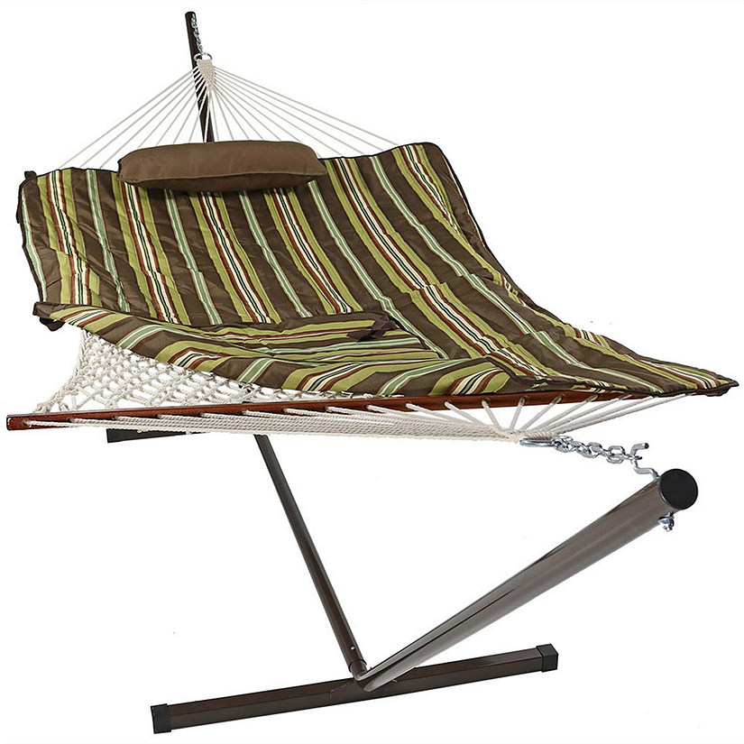 Sunnydaze Cotton Rope Hammock with Spreader Bar with Portable Freestanding Steel Stand and Pad and Pillow Set - 12' Stand - Desert Stripe Image
