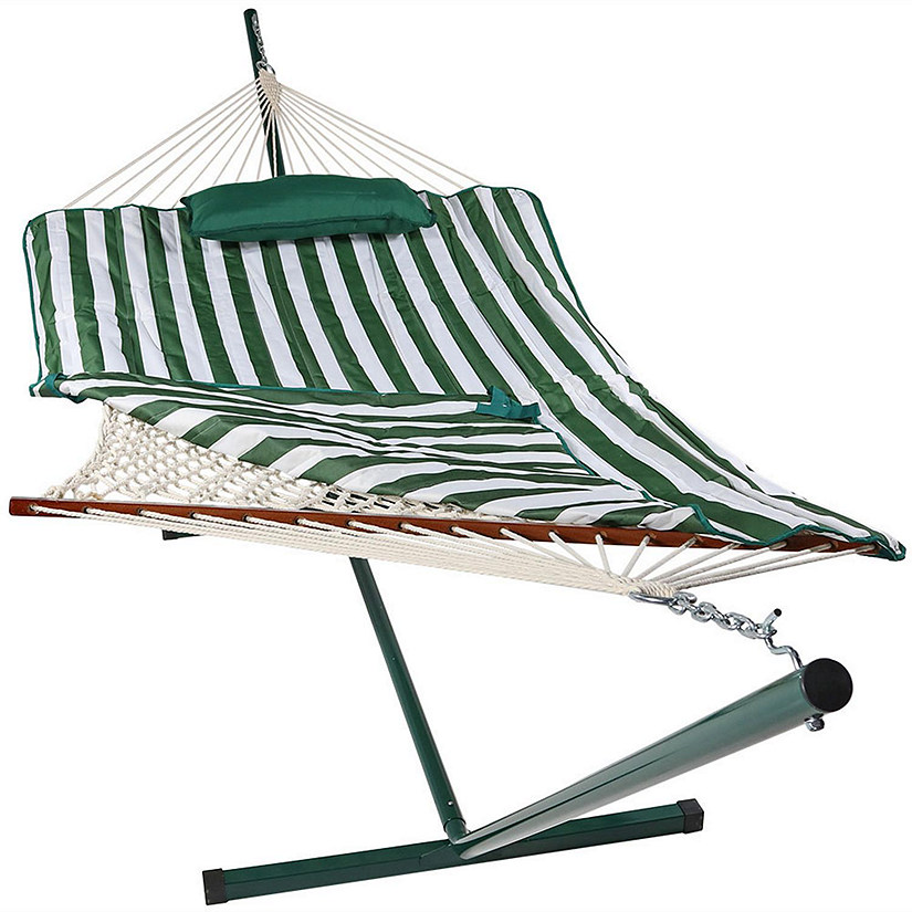 Sunnydaze Cotton Rope Hammock with Steel Stand and Pad and Pillow Set - 12' Stand - Green and White Stripe Image