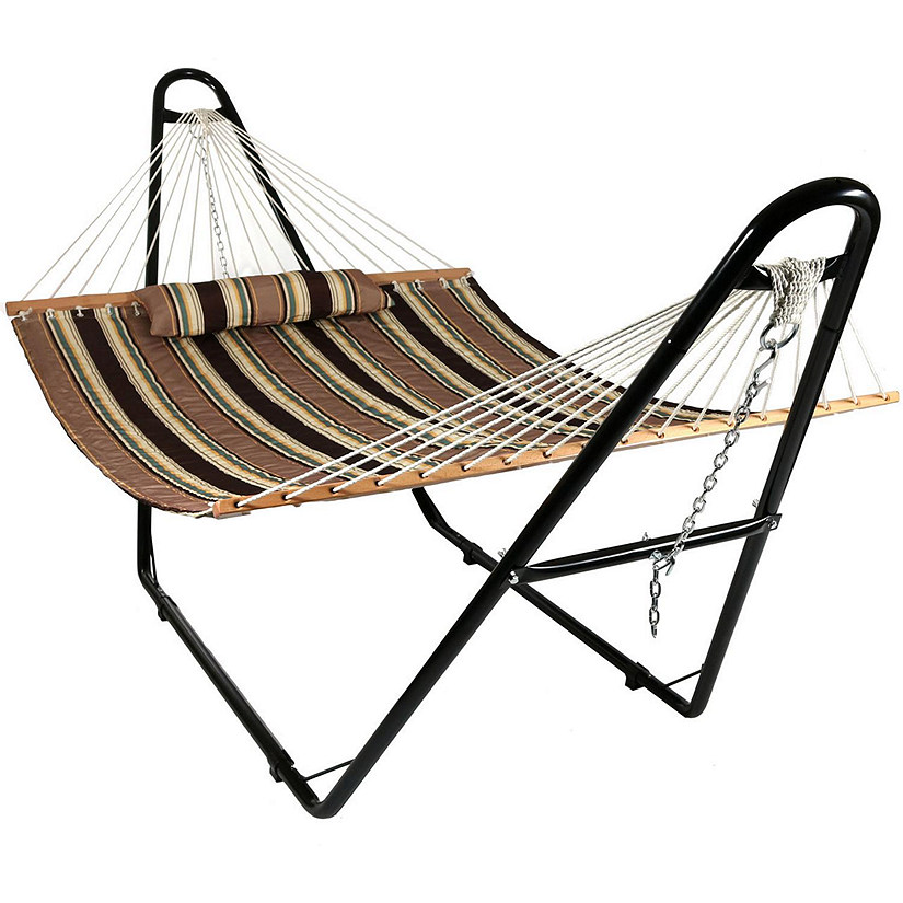 Sunnydaze Double Quilted Fabric Hammock with Universal Steel Stand - 450-Pound Capacity - Sandy Beach Image