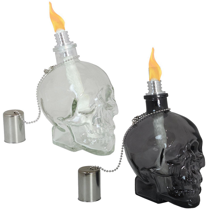 Sunnydaze Grinning Skull Glass Tabletop Torches - Clear and Black - Set of 2 Image