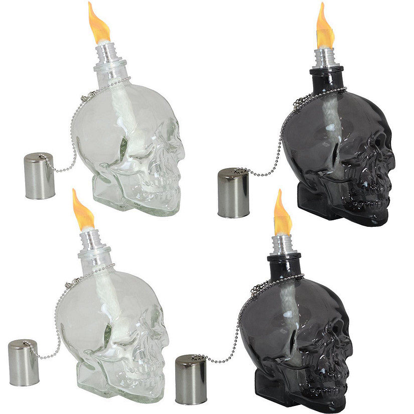 Sunnydaze Grinning Skull Glass Tabletop Torches - Clear and Black - Set of 4 Image