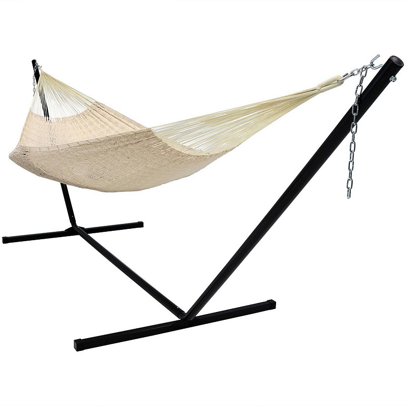 Sunnydaze Hand-Woven XXL Thick Cord Family Size Portable Mayan Hammock with Steel Stand -  400 lb Weight Capacity/15' Stand - Natural Image