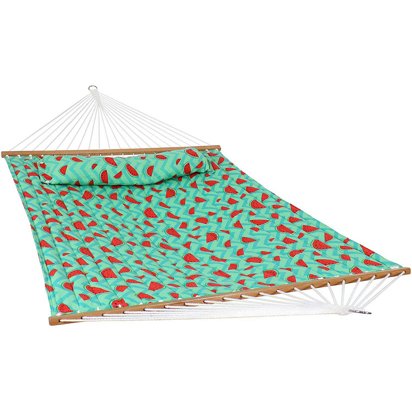 Sunnydaze Heavy-Duty 2-Person Quilted Printed Fabric Spreader Bar Hammock and Pillow - 450 lb Weight Capacity - Watermelon and Chevron Image