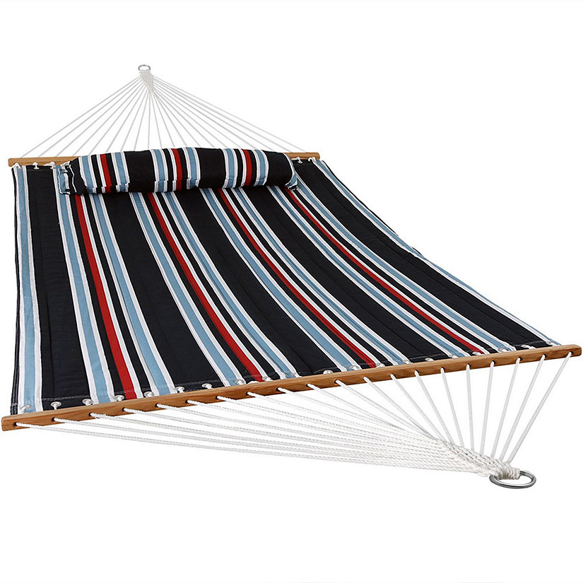 Sunnydaze Heavy Duty 450-Pound Capacity Quilted Fabric Hammock Two-Person with Spreader Bars - Nautical Stripe Image