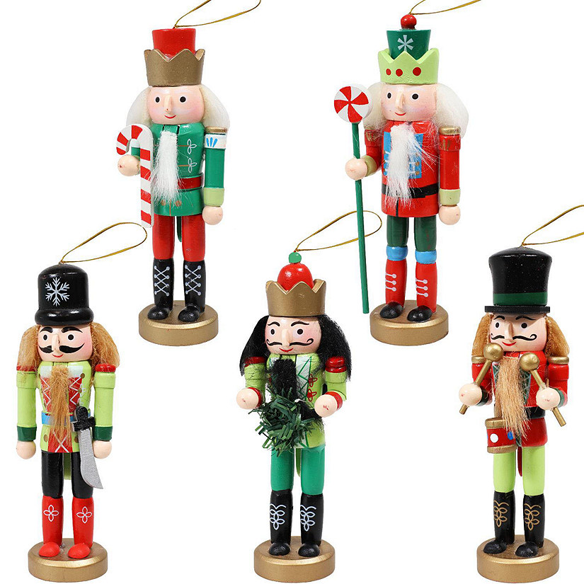 Sunnydaze Indoor Christmas Holiday Tree Nutcracker Ornaments - 5" - Red and Green - 5pc Image