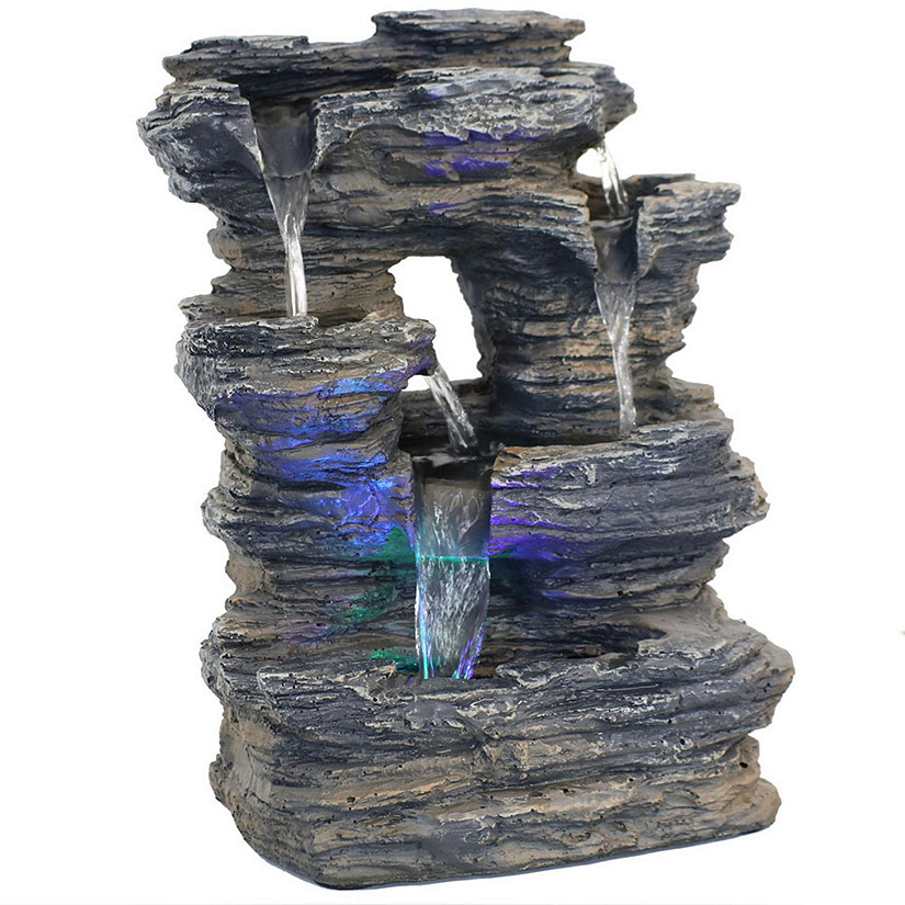 Sunnydaze Indoor Decorative Five Stream Rock Cavern Tabletop Water Fountain with Multi-Colored LED Lights - 13" Image