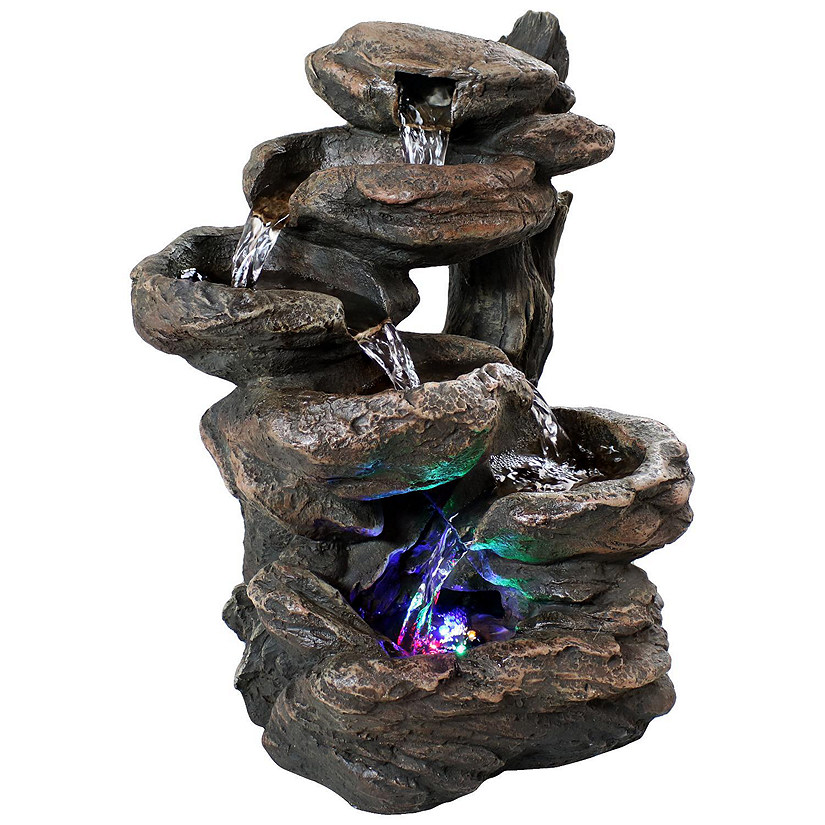 Sunnydaze Indoor Home Office 6-Tiered Staggered Rock Falls Tabletop Water Fountain with Colored LED Lights - 13" Image