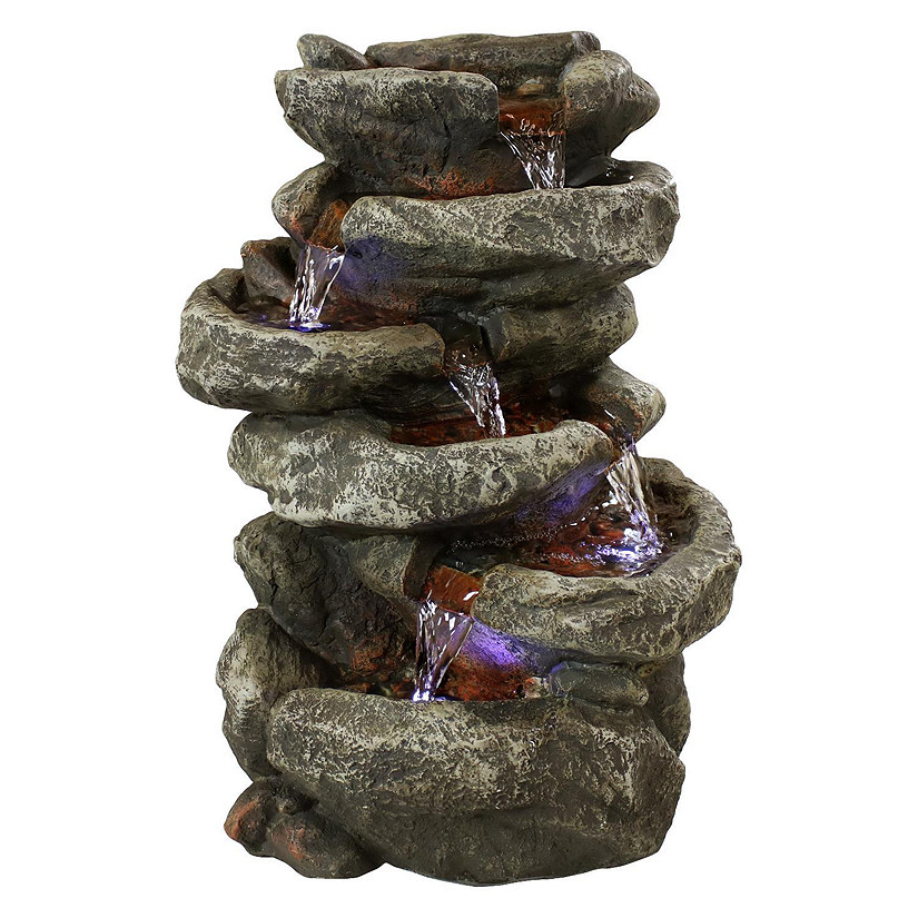 Sunnydaze Indoor Home Office Relaxing 6-Tiered Stone Falls Tabletop Water Fountain with LED Lights - 15" Image