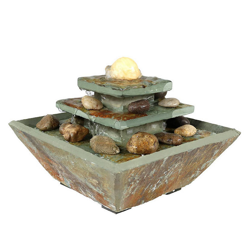Sunnydaze Indoor Home Office Slate and Polished Stone Ball Tiered Tabletop Water Fountain with LED Light - 8" Image
