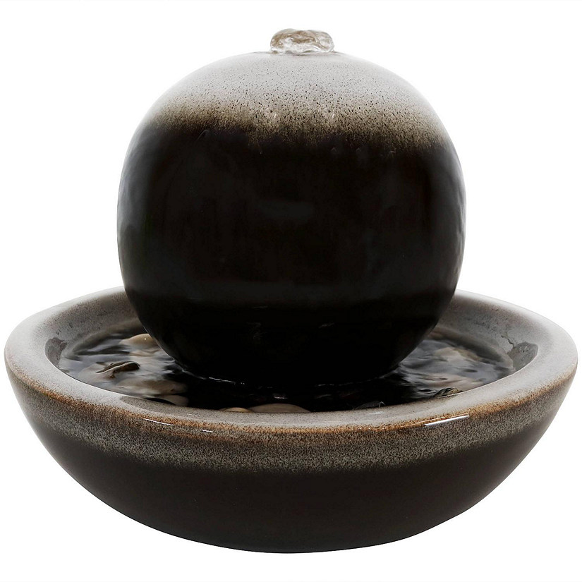 Sunnydaze Indoor Home Office Tabletop Modern Orb Smooth Glazed Ceramic Water Fountain Feature - 7" - Dark Brown Image