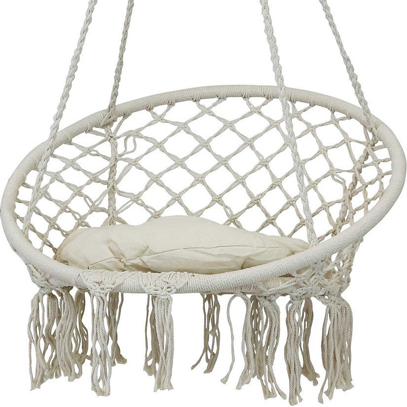 Sunnydaze Indoor/Outdoor Cotton Rope Hammock Chair Bohemian Macrame Hanging Netted Swing with Mounting Hardware, Seat Cushion, and Tassels - Off-White Image