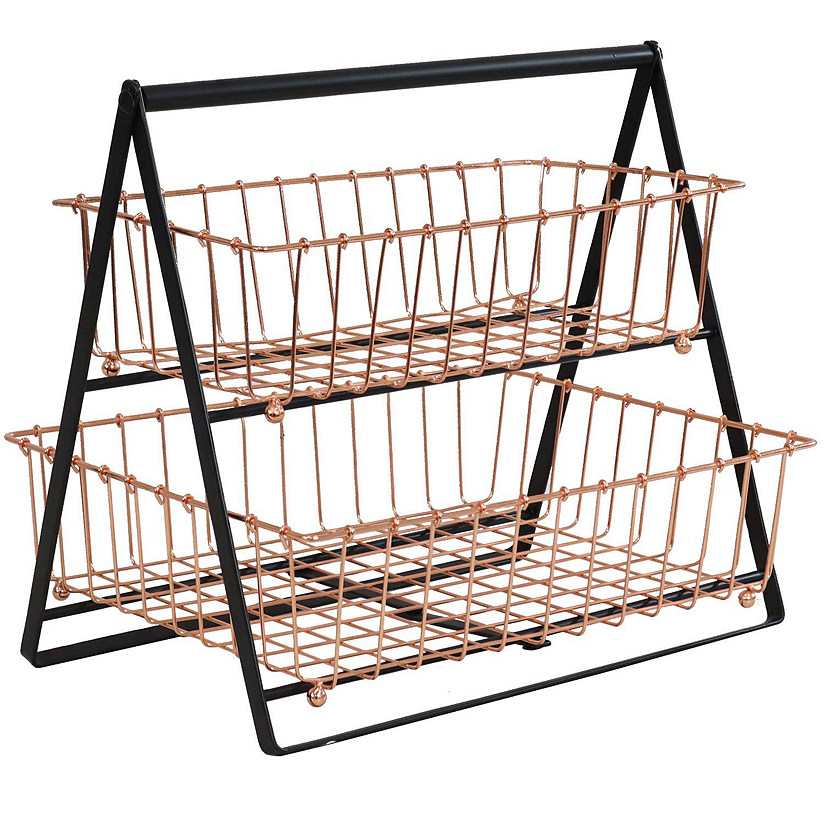 Sunnydaze Indoor Rectangle Iron 2-Tier Decorative Storage Basket for Kitchen Countertop - Copper Image