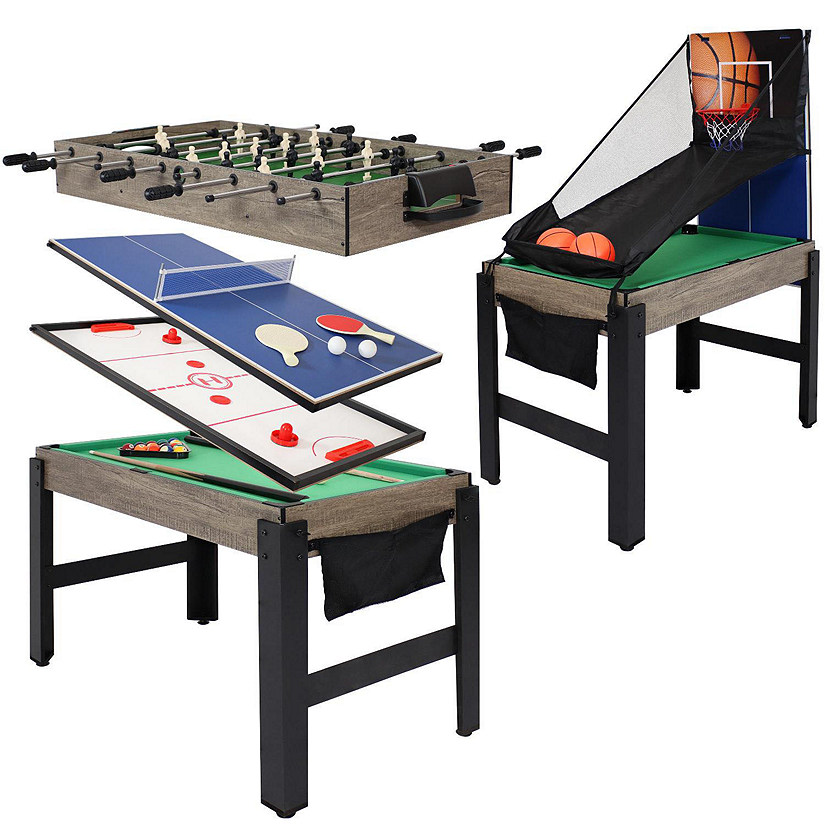 Sunnydaze Indoor Rustic Style 2 Player 5-in-1 Multi-Game Table with Billiards, Air Hockey, Foosball, Ping Pong, and Basketball - 45" - Weathered Gray Image