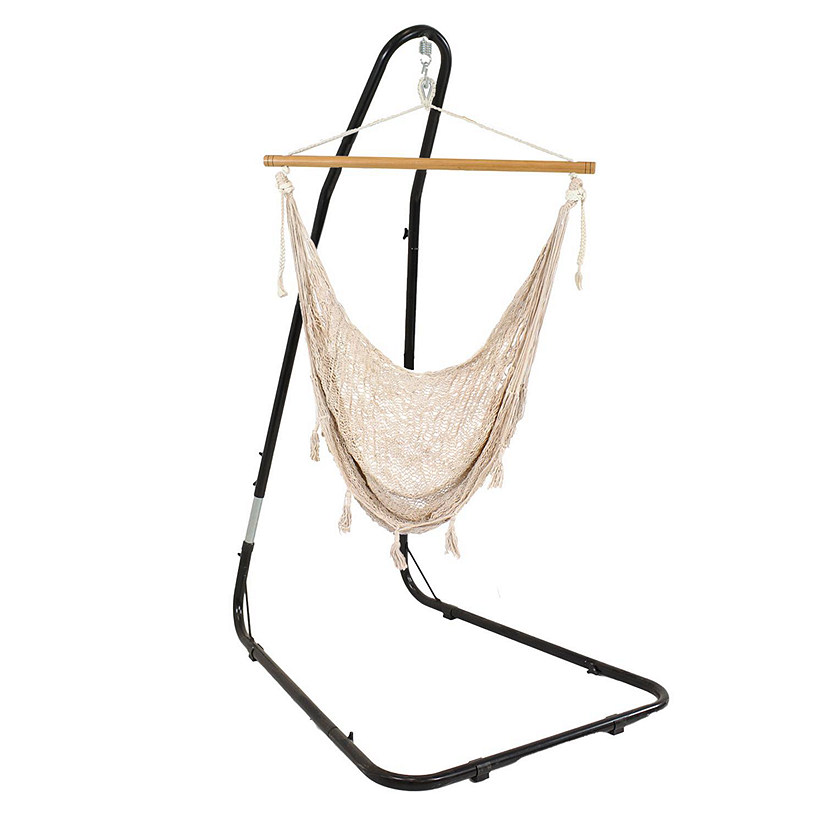 Sunnydaze Large Cotton/Nylon Outdoor Mayan Hammock Chair with Adjustable Stand - 220 lb Weight Capacity - Natural Image