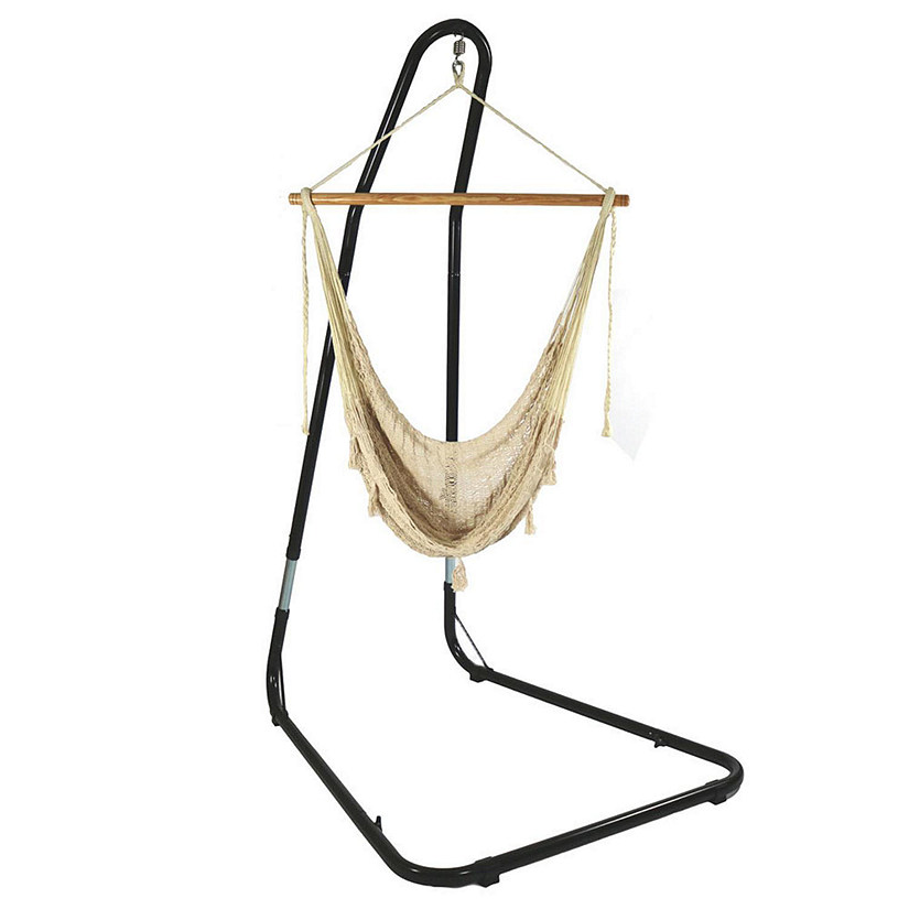 Sunnydaze Large Cotton/Nylon Outdoor Mayan Hammock Chair with Adjustable Stand - 330 lb Weight Capacity - Natural Image