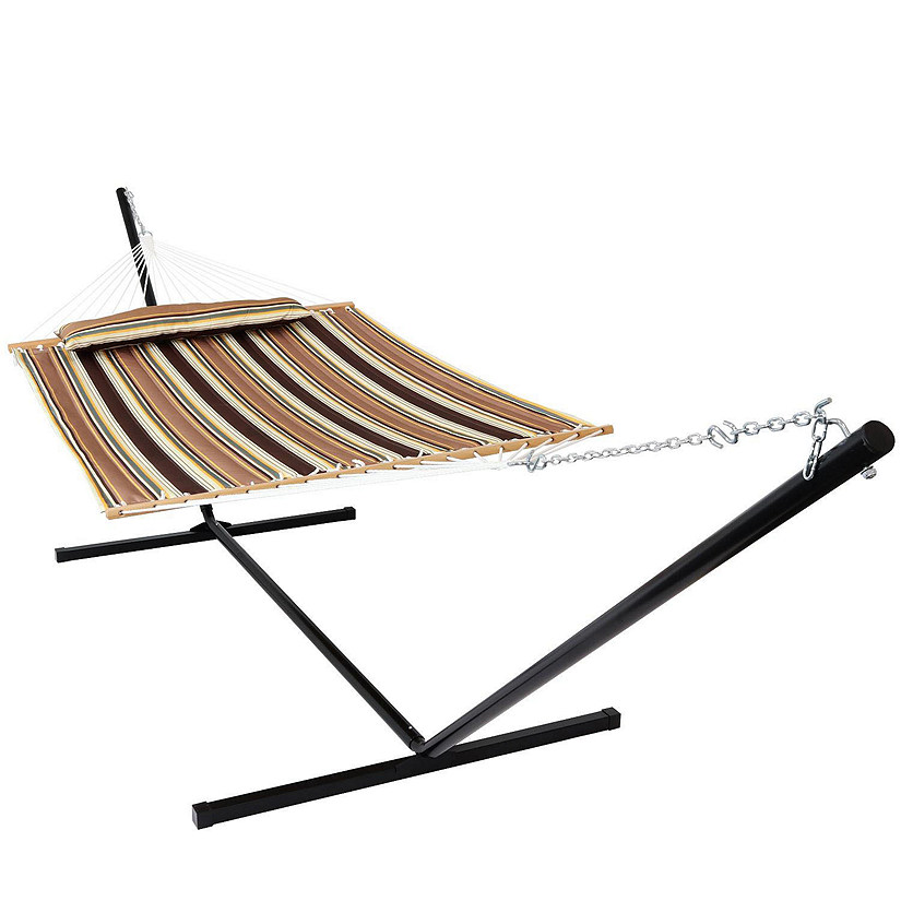 Sunnydaze Outdoor 2-Person Double Polyester Quilted Spreader Bar Hammock with 15ft Black Steel Stand - Sandy Beach Image