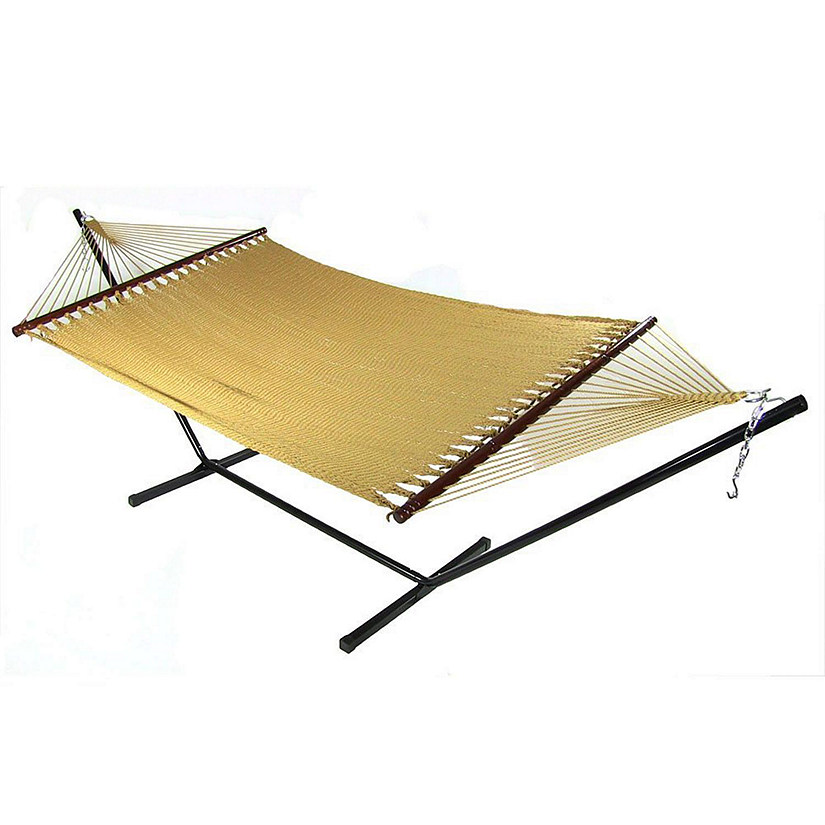 Sunnydaze Outdoor 2-Person Double Polyester Rope Hammock with Wood Spreader Bar and 15ft Black Steel Stand - Tan Image