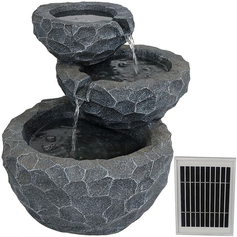 Sunnydaze Outdoor 3-Tier Chiseled Basin Solar Powered Water Fountain with Battery Backup and Submersible Pump - 22" Image