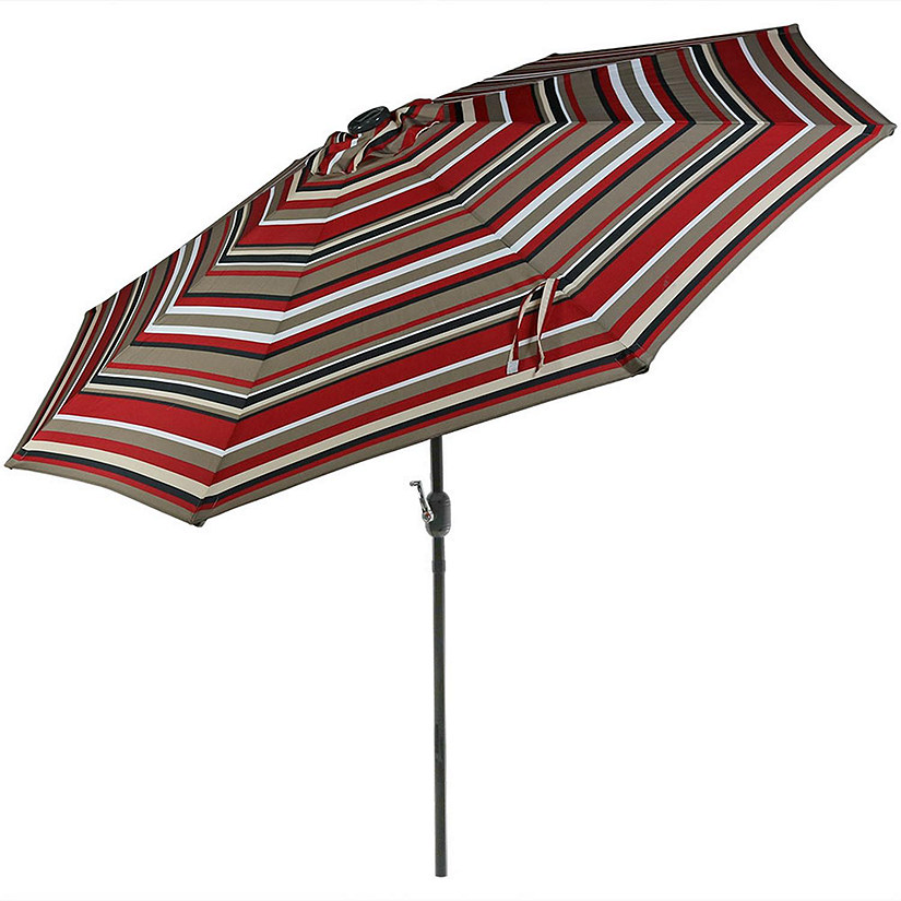 Sunnydaze Outdoor Aluminum Patio Umbrella with Solar LED Lights, Tilt, and Crank - 9' - Awning Stripe Image