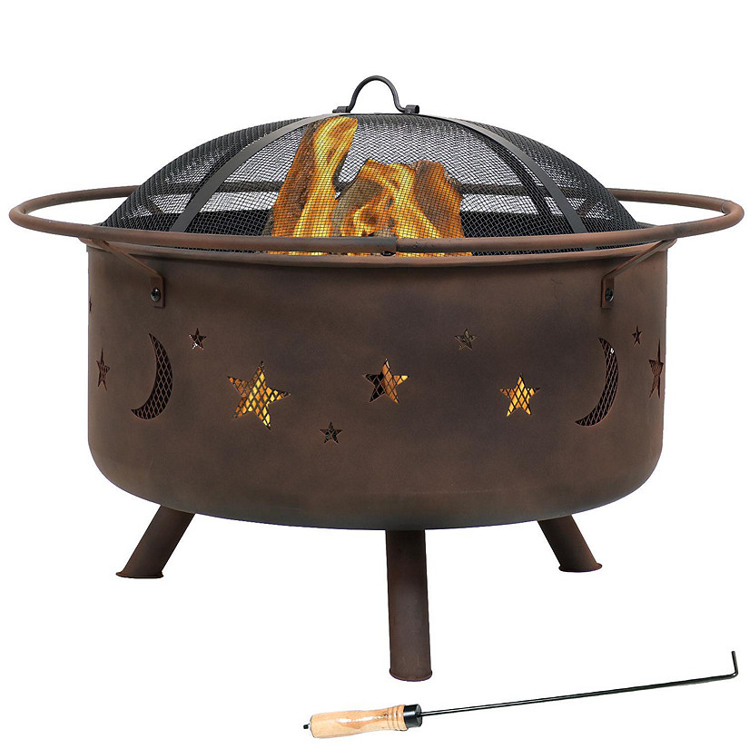Sunnydaze Outdoor Camping or Backyard Round Cosmic Stars and Moons Fire Pit with Cooking Grill Grate, Spark Screen, and Log Poker - 30" Image