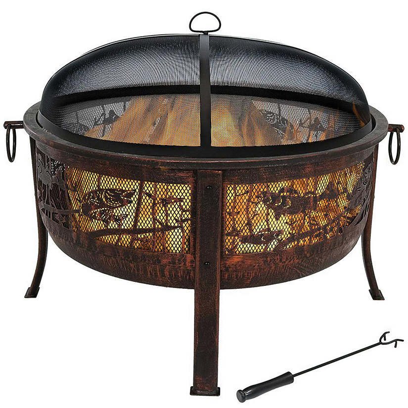 Sunnydaze Outdoor Camping or Backyard Steel Northwoods Fishing Fire Pit with Spark Screen - 30" - Bronze Image