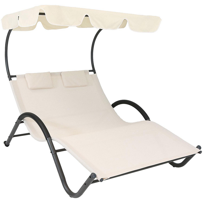 Sunnydaze Outdoor Double Chaise Lounge with Canopy Shade and Headrest Pillows, Beige Image