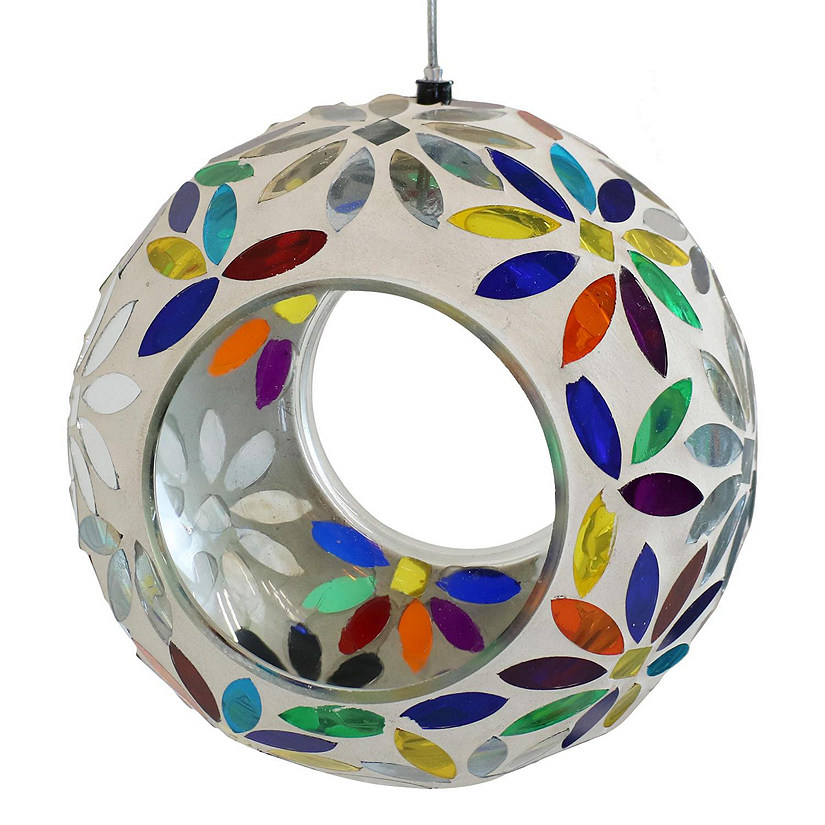 Sunnydaze Outdoor Garden Patio Round Glass with Mosaic Daisy Design Hanging Fly-Through Bird Feeder - 6" - Blue, Red, Green, Yellow, and White Image