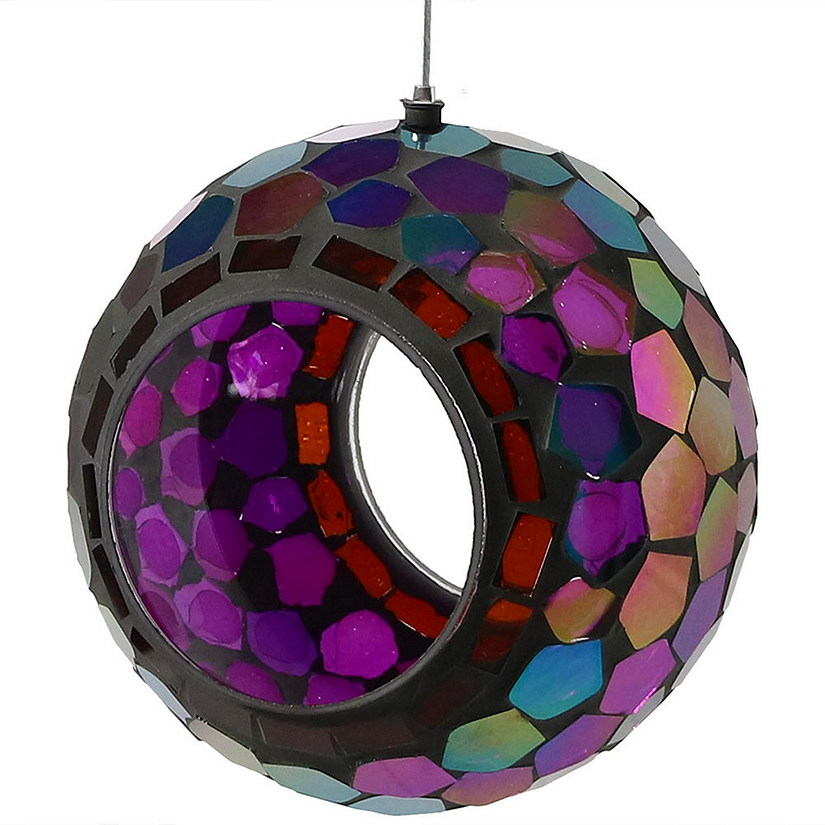Sunnydaze Outdoor Garden Patio Round Glass with Mosaic Design Hanging Fly-Through Bird Feeder - 7" - Purple Image