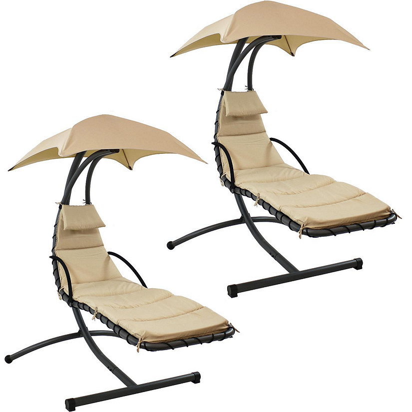 Sunnydaze Outdoor Hanging Chaise Floating Lounge Chair with Canopy Umbrella and Arc Stand, Beige, 2pk Image