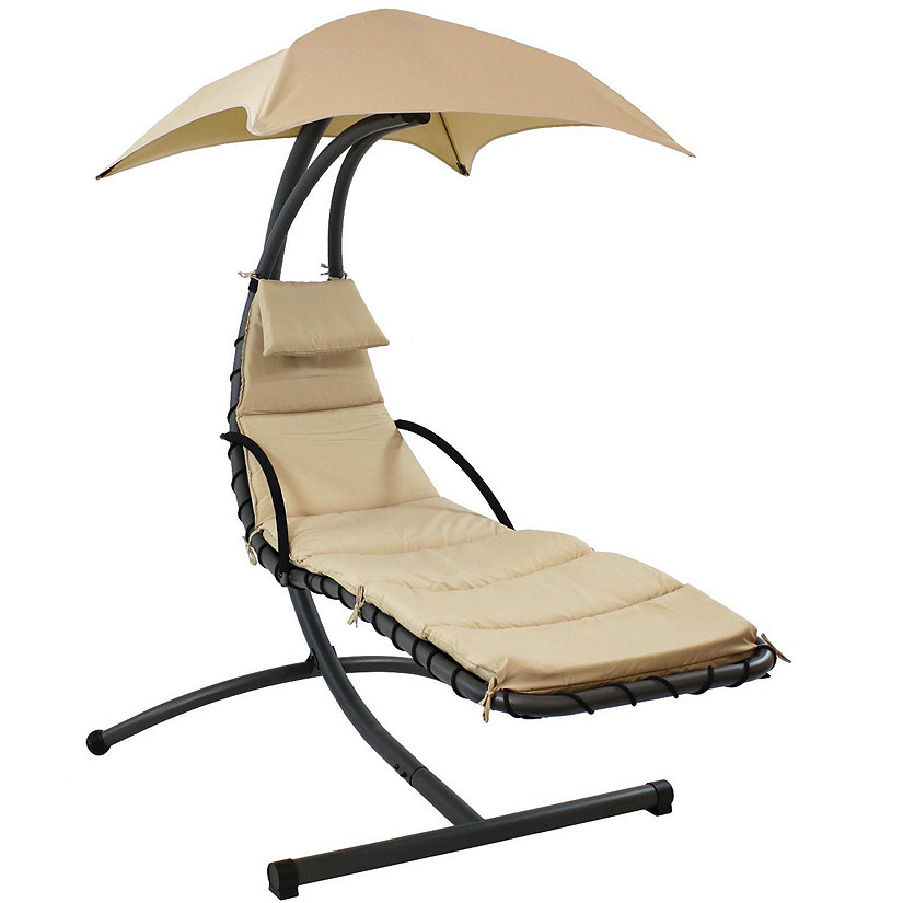Sunnydaze Outdoor Hanging Chaise Floating Lounge Chair with Canopy Umbrella and Arc Stand, Beige Image