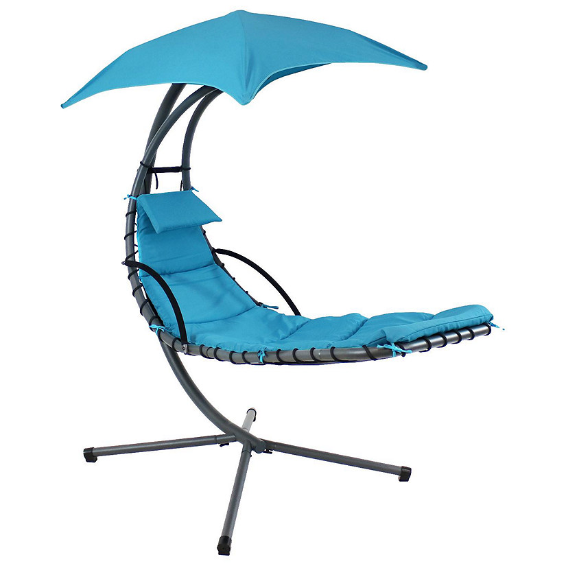 Sunnydaze Outdoor Hanging Chaise Floating Lounge Chair with Canopy Umbrella and Stand, Teal Image