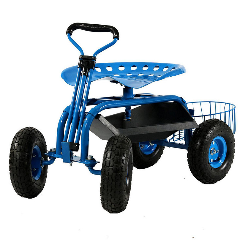 Sunnydaze Outdoor Heavy-Duty Steel Rolling Gardening Cart with Extendable Steer Handle, Swivel Chair, Tool Tray, and Basket - Blue Image
