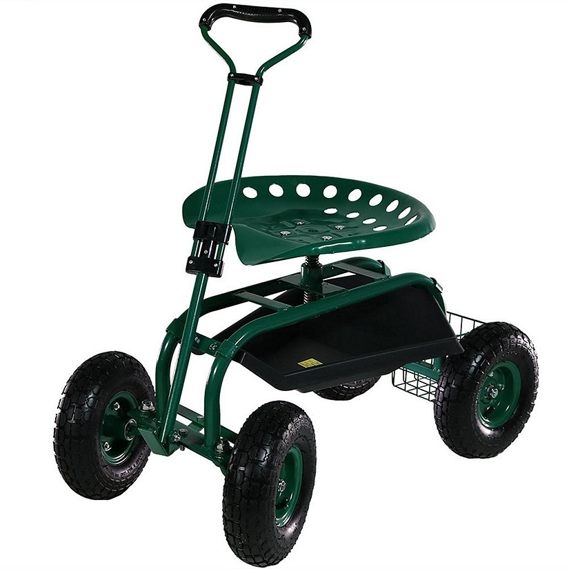 Sunnydaze Outdoor Lawn and Garden Heavy-Duty Steel Rolling Gardening Cart with Extendable Steer Handle, Swivel Chair, and Basket - Green Image