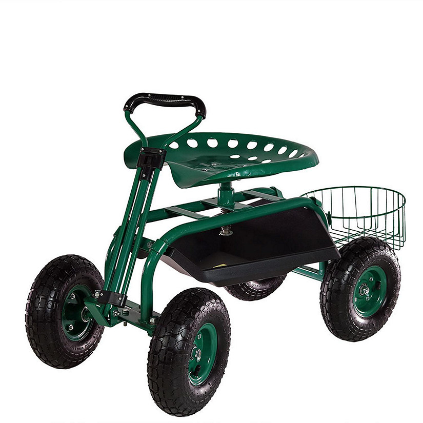 Sunnydaze Outdoor Lawn and Garden Heavy-Duty Steel Rolling Gardening Cart with Extendable Steer Handle, Swivel Chair, Tool Tray, and Basket - Green Image
