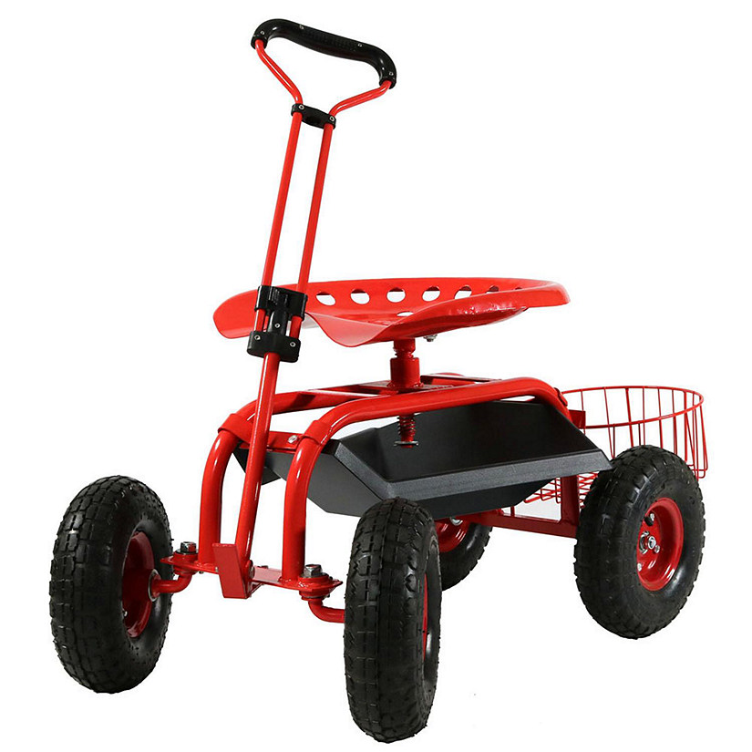 Sunnydaze Outdoor Lawn and Garden Heavy-Duty Steel Rolling Gardening Cart with Extendable Steer Handle, Swivel Chair, Tool Tray, and Basket - Red Image