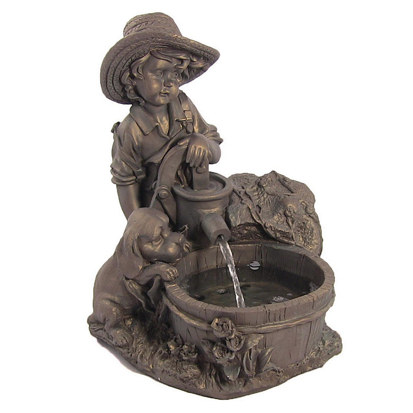 Sunnydaze Outdoor Polyresin Boy with Dog Solar Powered Water Fountain Feature with LED Light - 15" - Light Brown Image