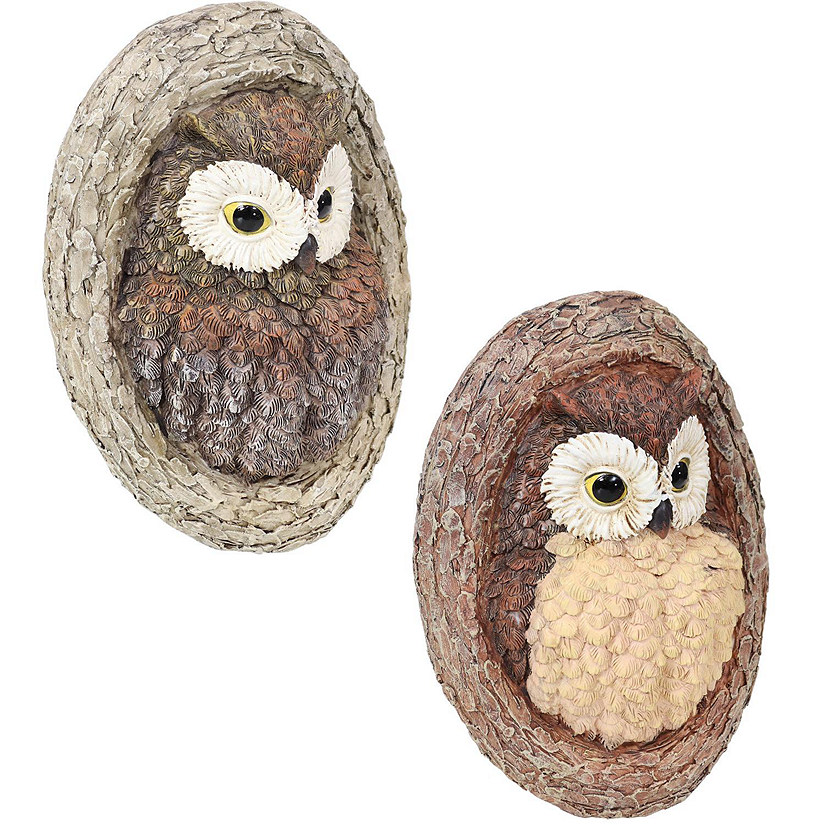 Sunnydaze Outdoor Polyresin Winifred and Wesley the Wise Old Owls Tree Hugger Tree Trunk Garden Sculpture Decoration - 9" - 2pc Image