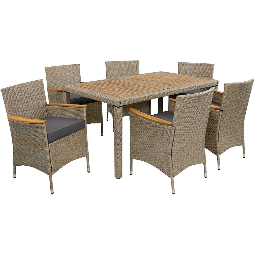 Sunnydaze Outdoor Rattan and Acacia Wood Foxford Patio Dining Set with Table, Chairs, and Seat Cushions - Gray - 7pc Image