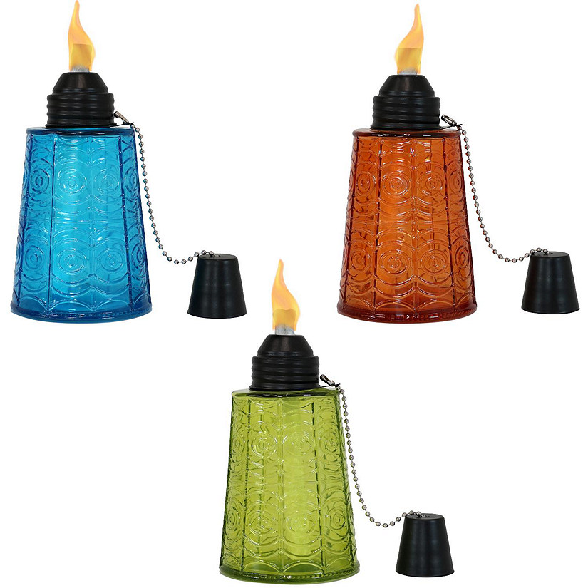 Sunnydaze Outdoor Refillable Glass Tabletop Torches with Long-Lasting Fiberglass Wicks - Blue, Orange, and Green - 3pc Image