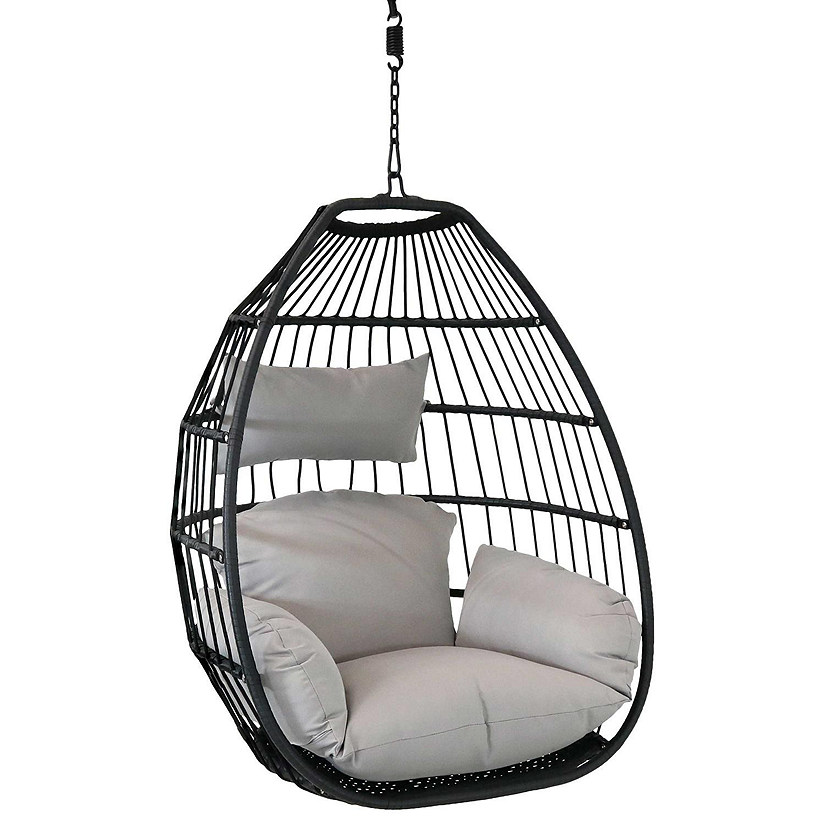 Sunnydaze Outdoor Resin Wicker Delaney Hanging Basket Egg Chair Swing with Cushions and Headrest - Gray - 2pc Image