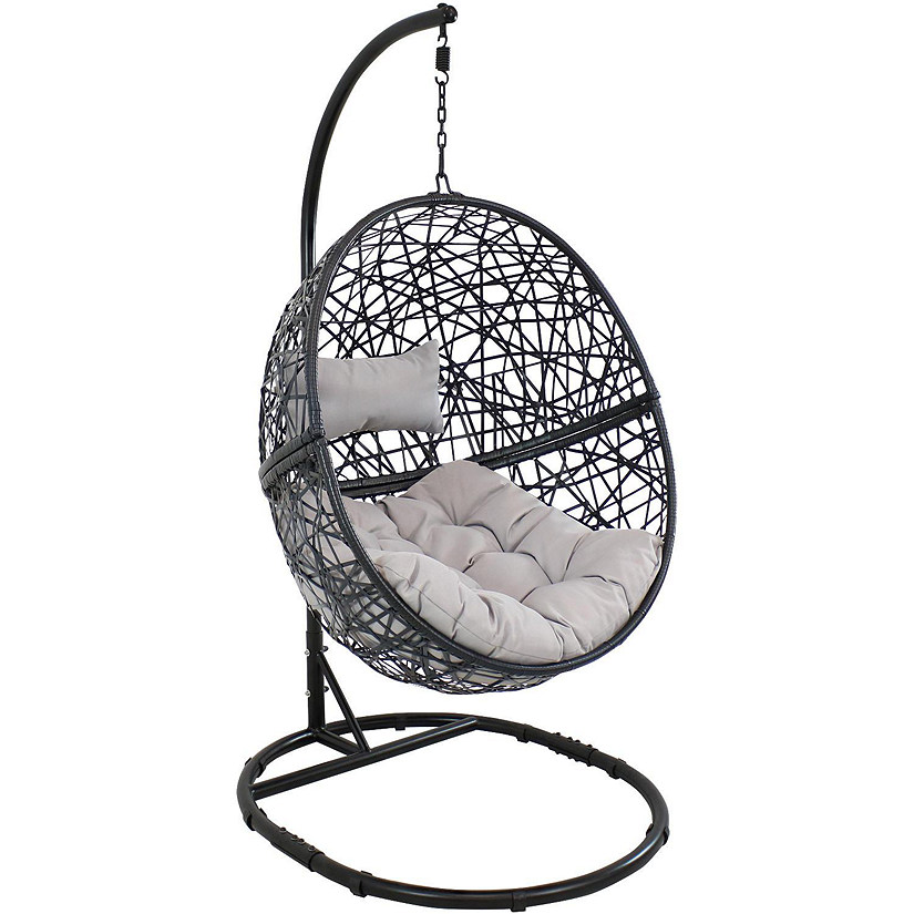 Sunnydaze Outdoor Resin Wicker Jackson Hanging Basket Egg Chair Swing with Cushions, Headrest, and Steel Stand Set - Gray - 3pc Image