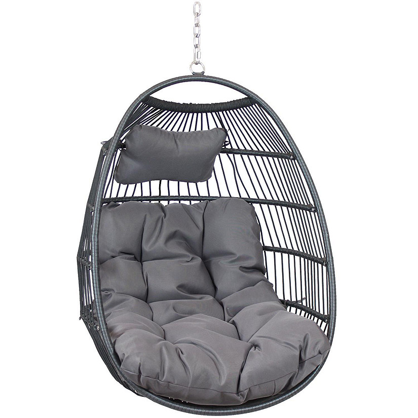 Sunnydaze Outdoor Resin Wicker Julia Hanging Basket Egg Chair Swing with Cushions and Headrest - Gray - 2pc Image