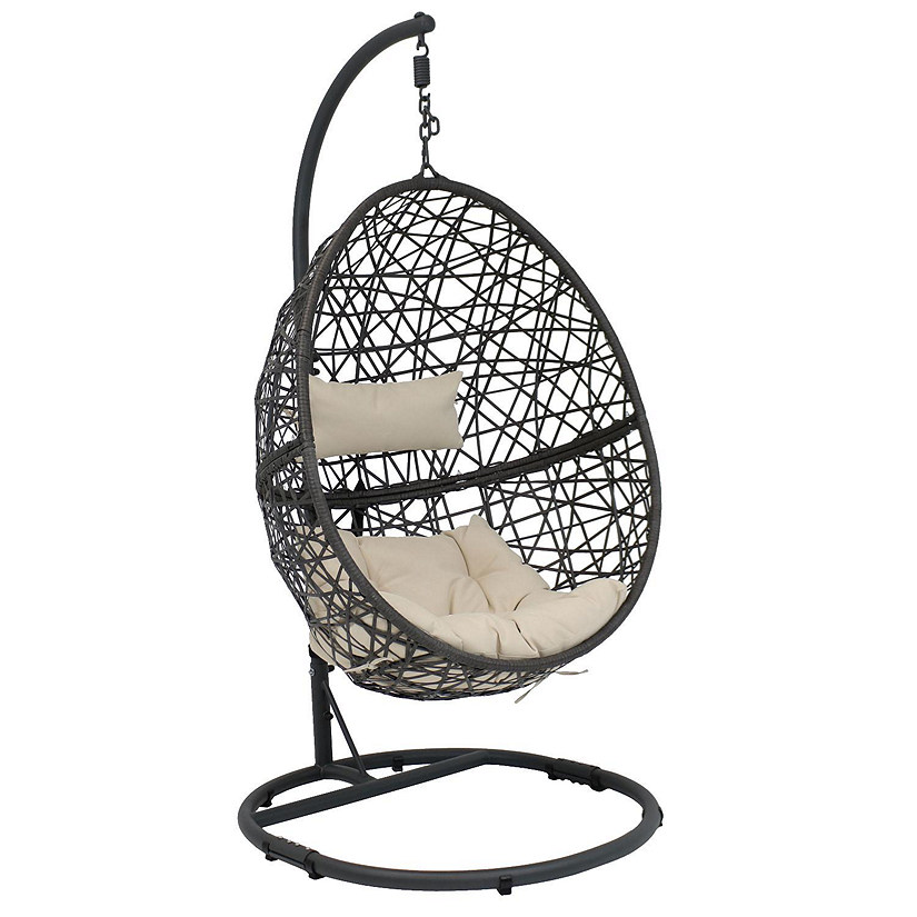 Sunnydaze Outdoor Resin Wicker Patio Caroline Lounge Hanging Basket Egg Chair Swing with Cushions and Steel Stand Set - Beige - 3pc Image