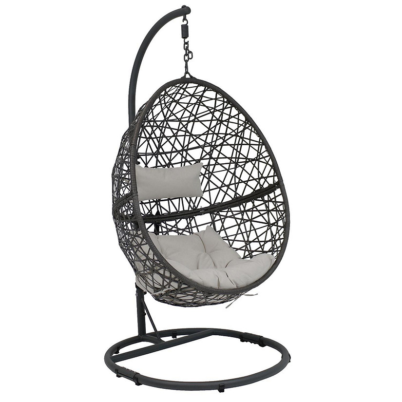 Sunnydaze Outdoor Resin Wicker Patio Caroline Lounge Hanging Basket Egg Chair Swing with Cushions and Steel Stand Set - Gray - 3pc Image