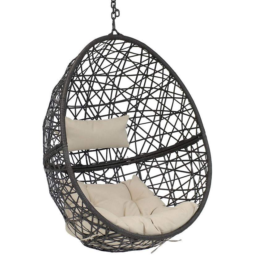 Sunnydaze Outdoor Resin Wicker Patio Caroline Lounge Hanging Basket Egg Chair with Cushions - Beige - 2pc Image