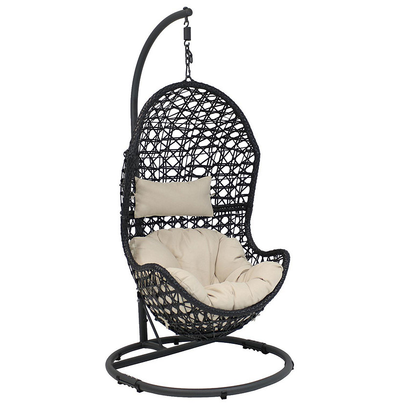 Sunnydaze Outdoor Resin Wicker Patio Cordelia Hanging Basket Egg Chair Swing with Cushion, Headrest, and Steel Stand Set - Beige - 3pc Image